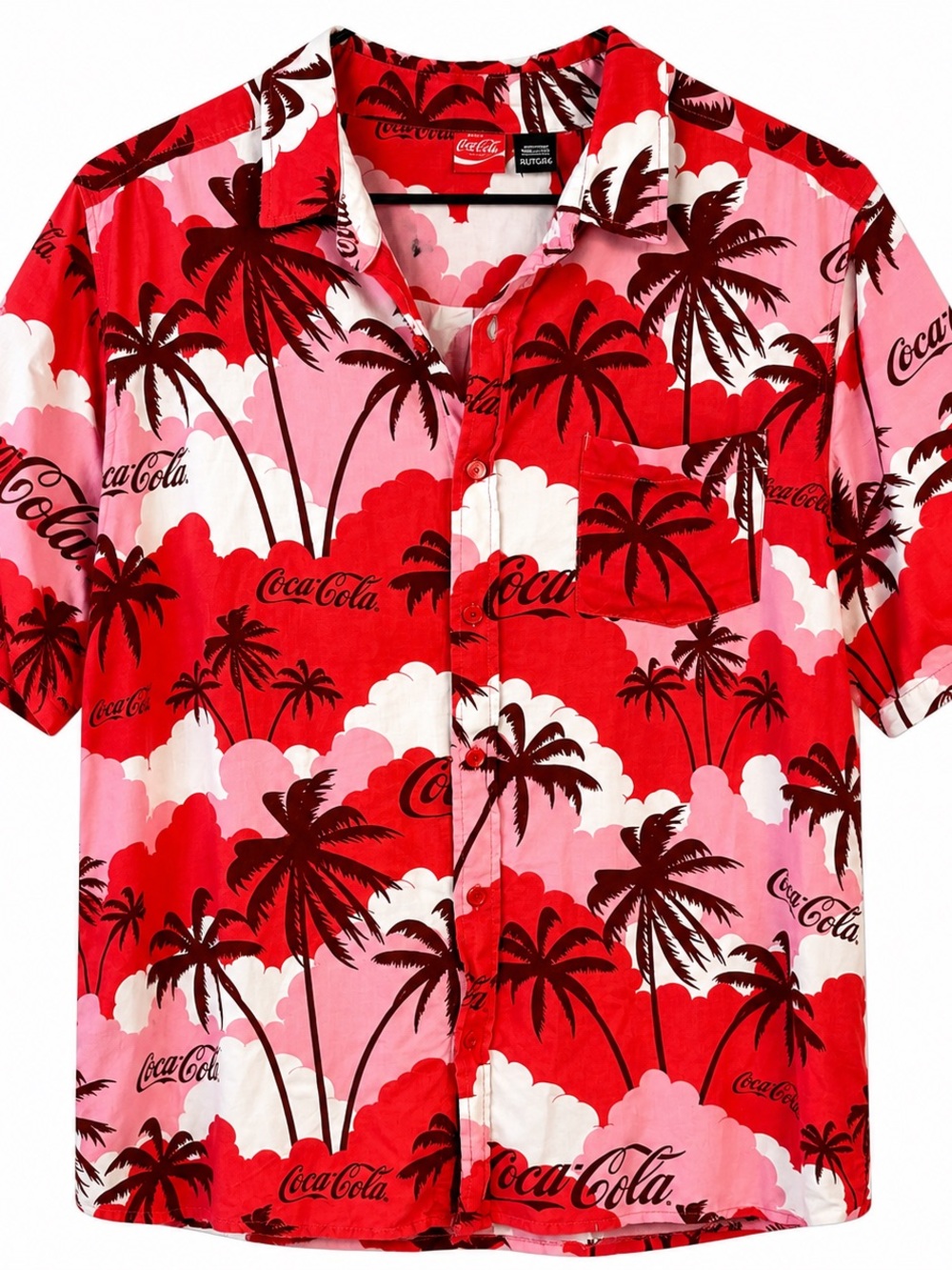 Coca Cola Red, Pink and White Palm-Print Short Sleeve Button-Front Shirt